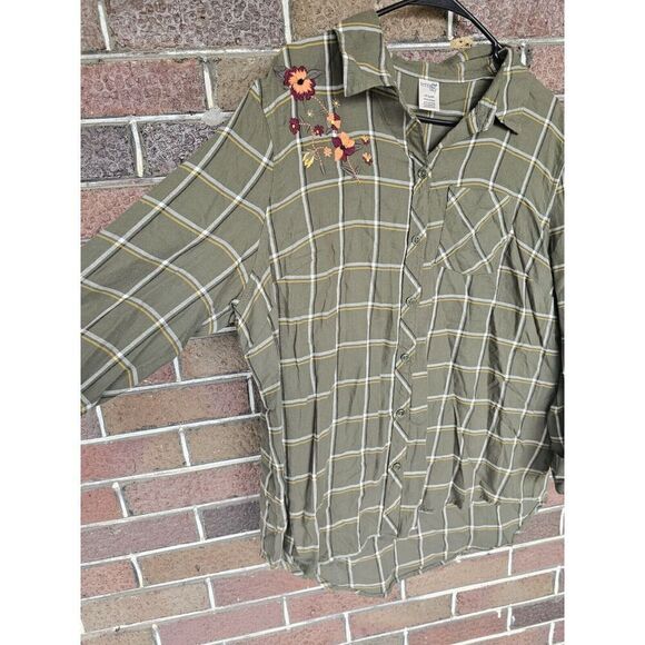 NEW Terra & Sky Olive Green Flannel Shirt Embroidery Flower Plaid Plus Sz 0x 14w - Picture 4 of 6